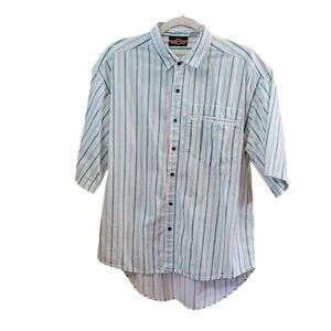 Vintage Striped Shirt Green & White Size Medium Short Sleeve 100% Cotton Button